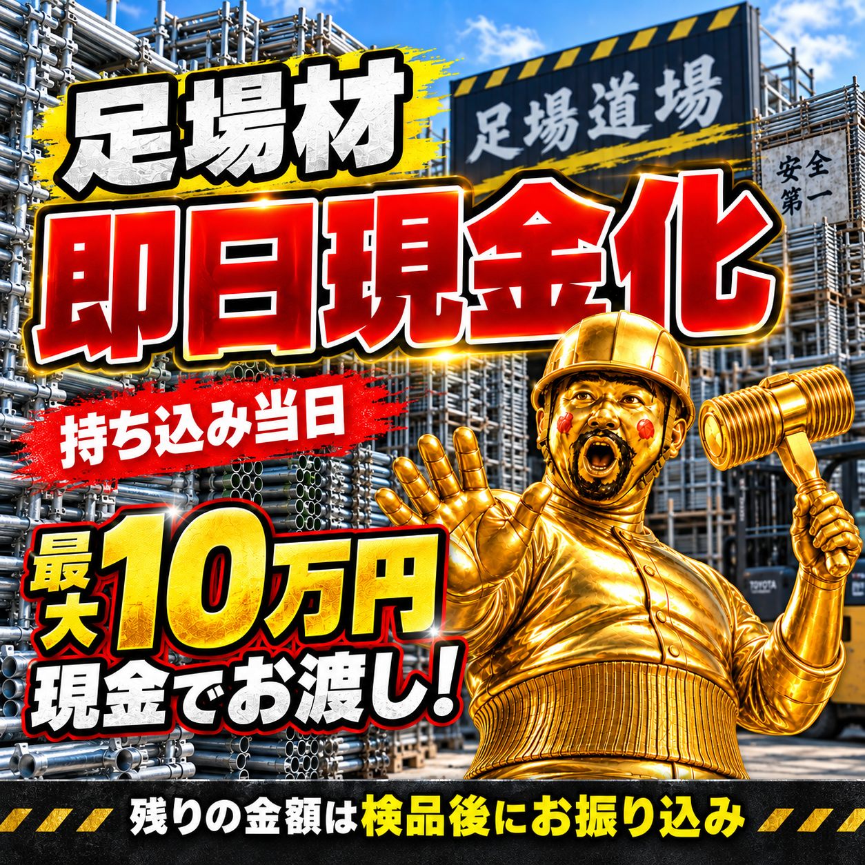 足場材 即日現金買取 持ち込み当日 最大10万円 現金でお渡し 残りの金額は検品後にお振り込み 足場道場