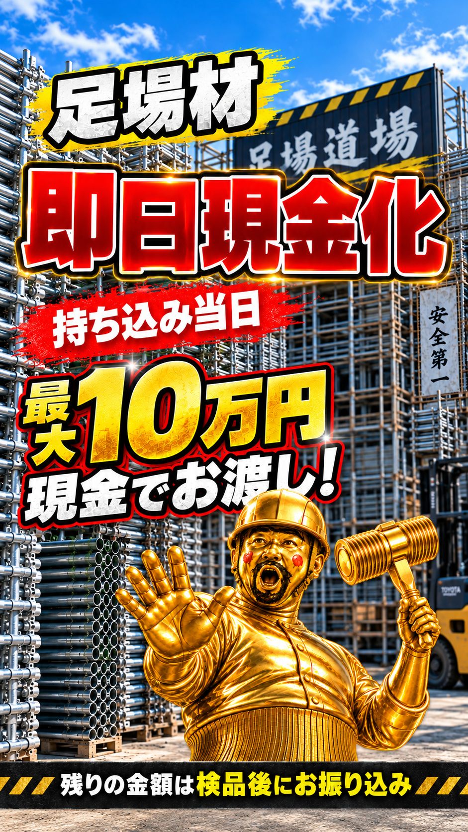 足場材 即日現金買取 持ち込み当日 最大10万円 現金でお渡し 残りの金額は検品後にお振り込み 足場道場